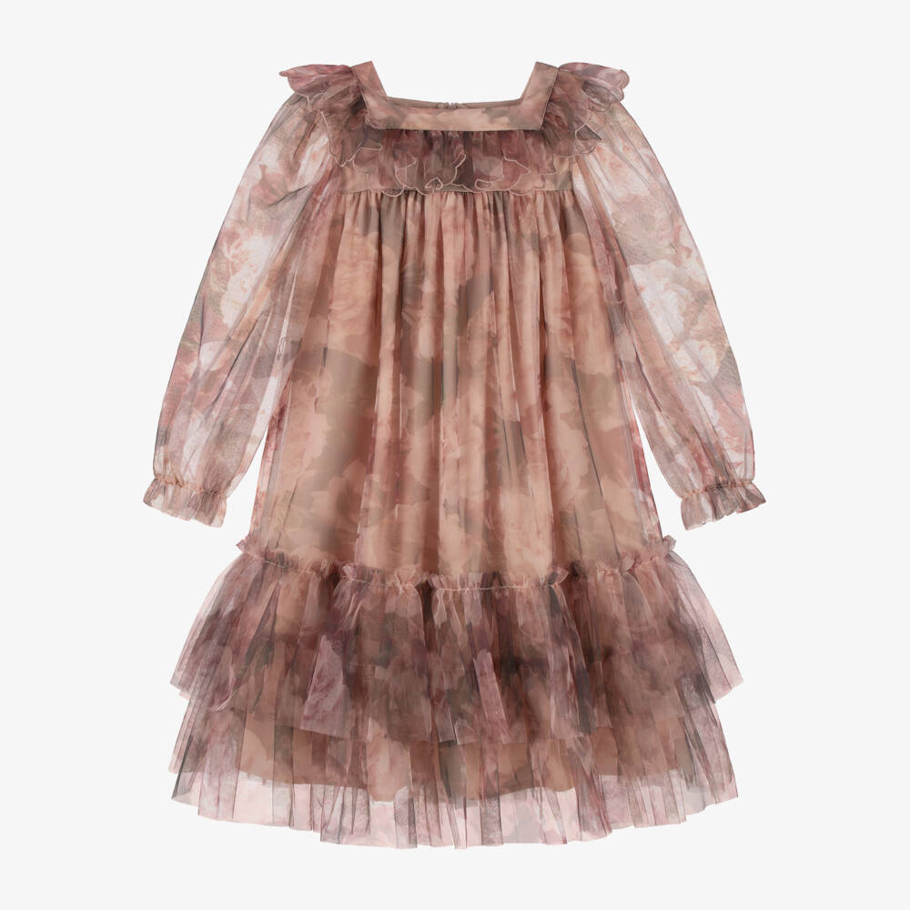 Petite Amalie-Girls Pink & Beige Floral Tulle Dress | Childrensalon