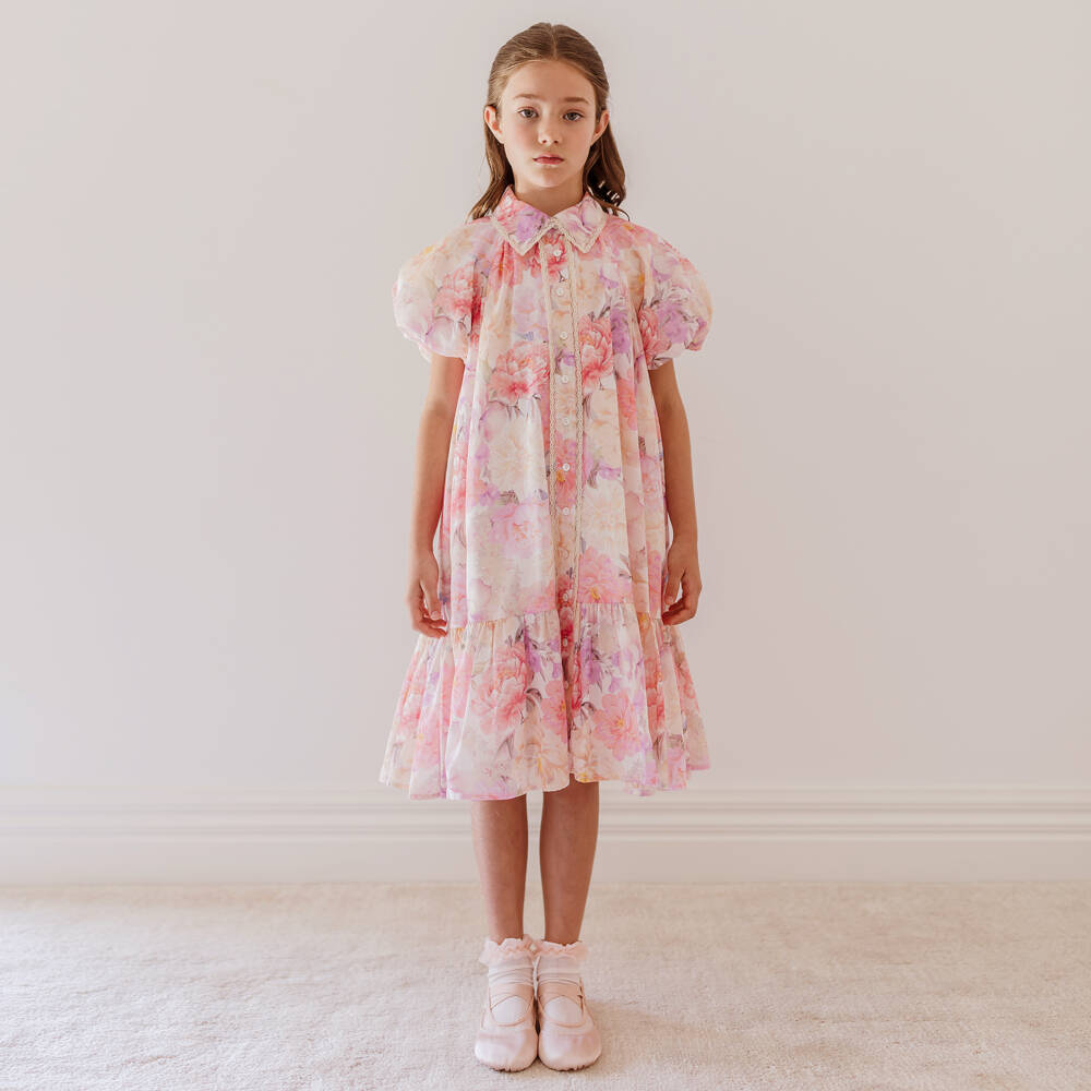 Petite Amalie-Girls Pink Cotton Floral Print Dress with Bubble Sleeves | Childrensalon