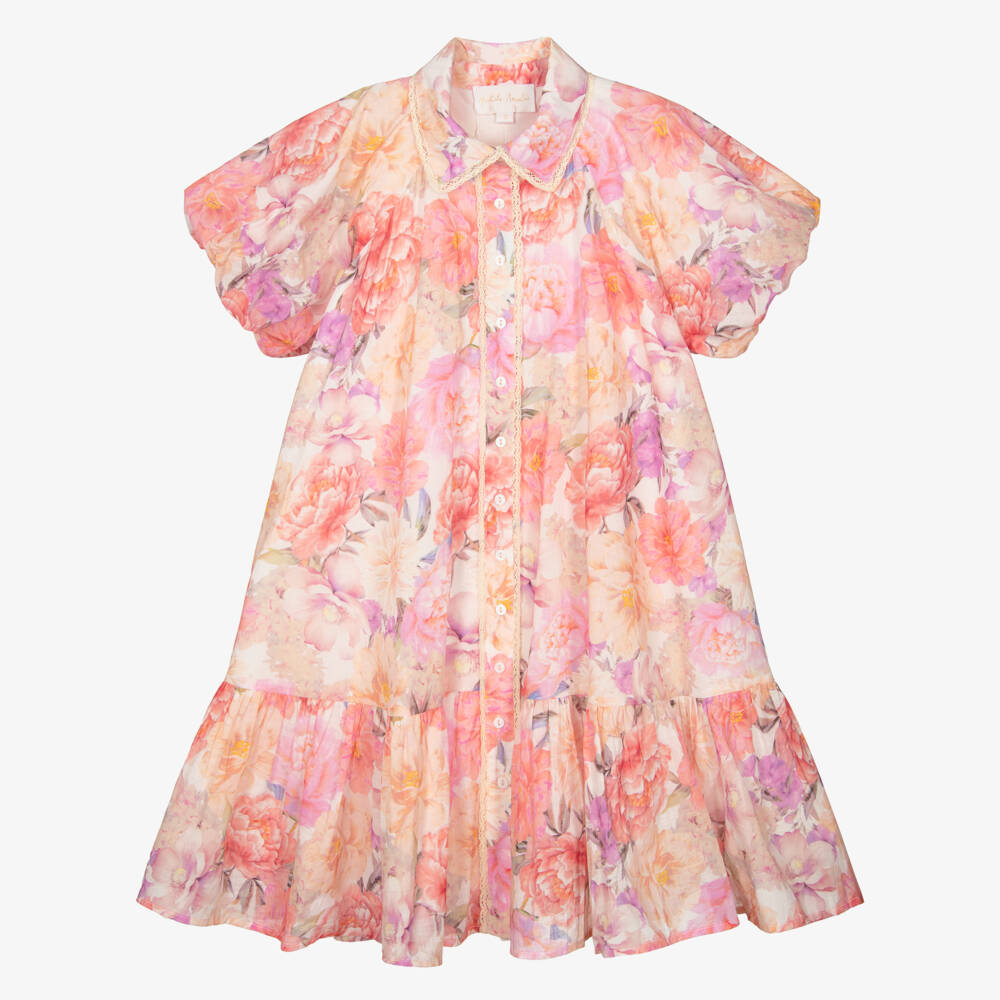 Petite Amalie-Girls Pink Cotton Floral Print Dress with Bubble Sleeves | Childrensalon