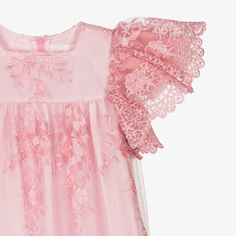 Petite Amalie-Girls Pink Embroidered Tulle Dress with Angel Sleeves | Childrensalon