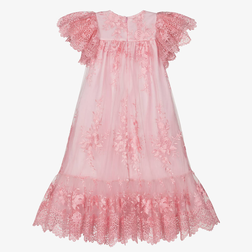 Petite Amalie-Girls Pink Embroidered Tulle Dress with Flutter Sleeves | Childrensalon