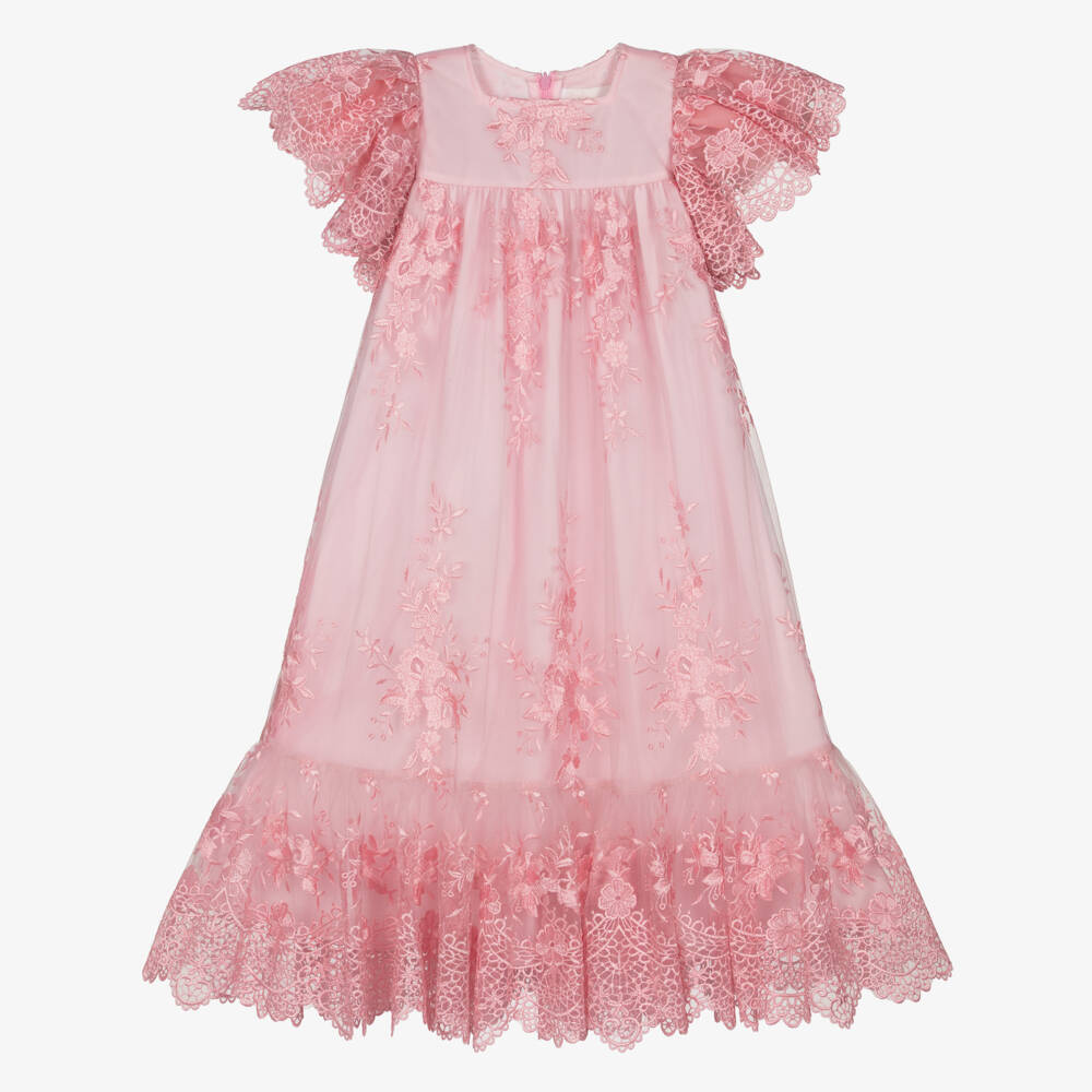 Petite Amalie-Girls Pink Embroidered Tulle Dress with Flutter Sleeves | Childrensalon