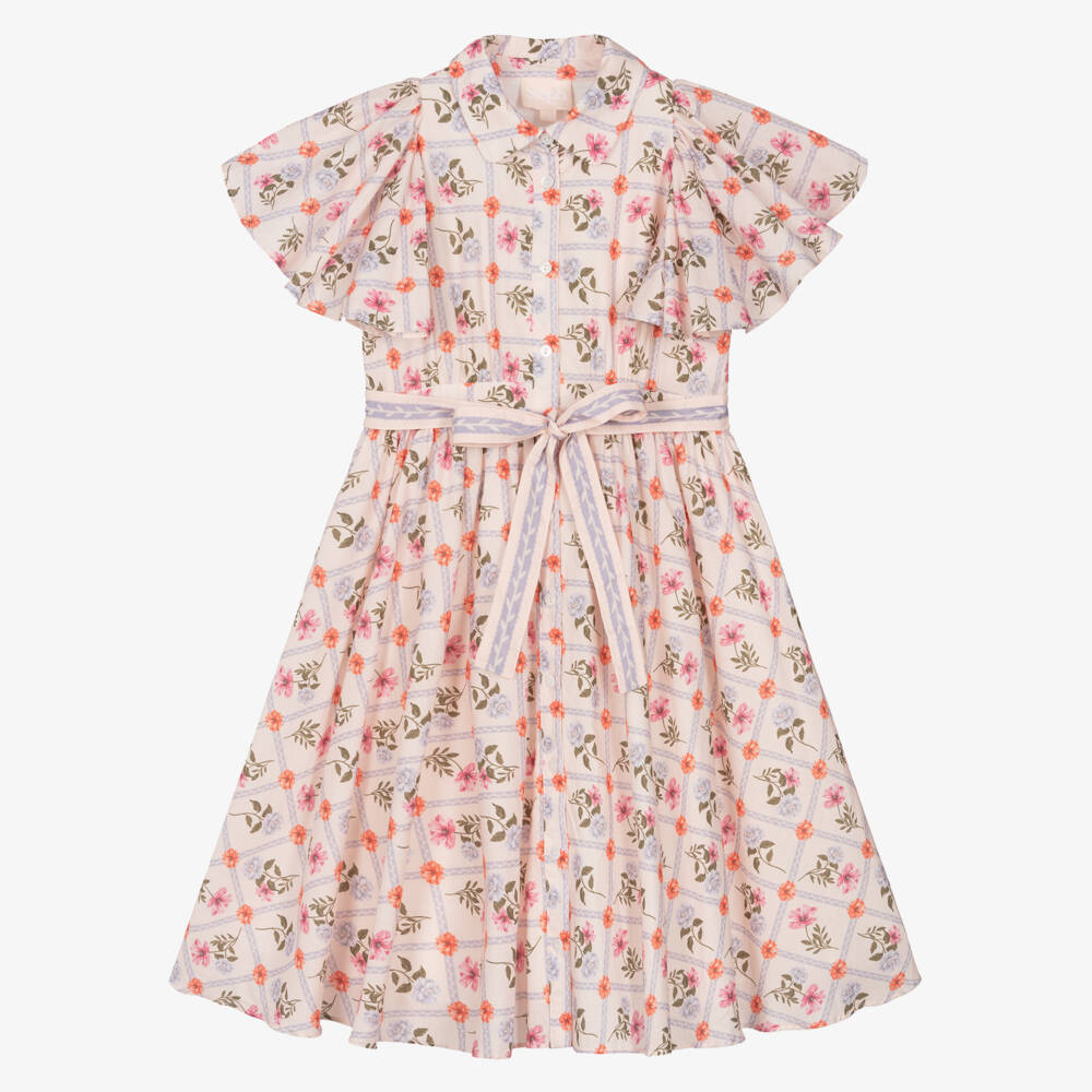 Petite Amalie-Girls Pink Floral Belted Cotton Dress | Childrensalon