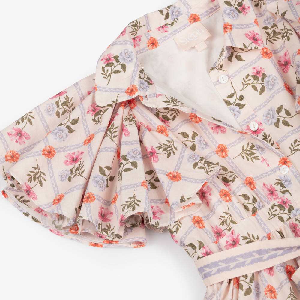 Petite Amalie-Girls Pink Floral Belted Cotton Dress | Childrensalon