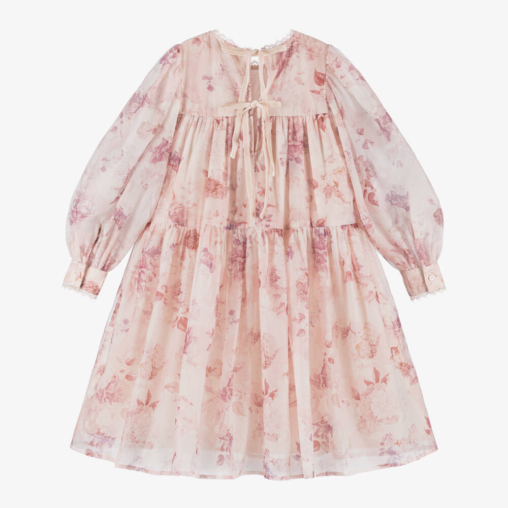 Petite Amalie-Girls Pink Floral Cotton Dress with Lace Trim | Childrensalon