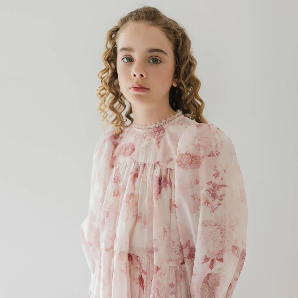 Petite Amalie-Girls Pink Floral Cotton Dress with Lace Trim | Childrensalon