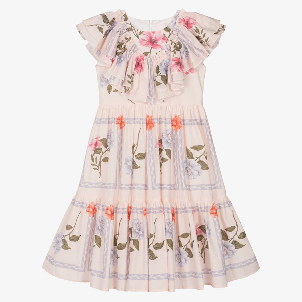 Petite Amalie-Girls Pink Floral Ruffled Cotton Dress | Childrensalon