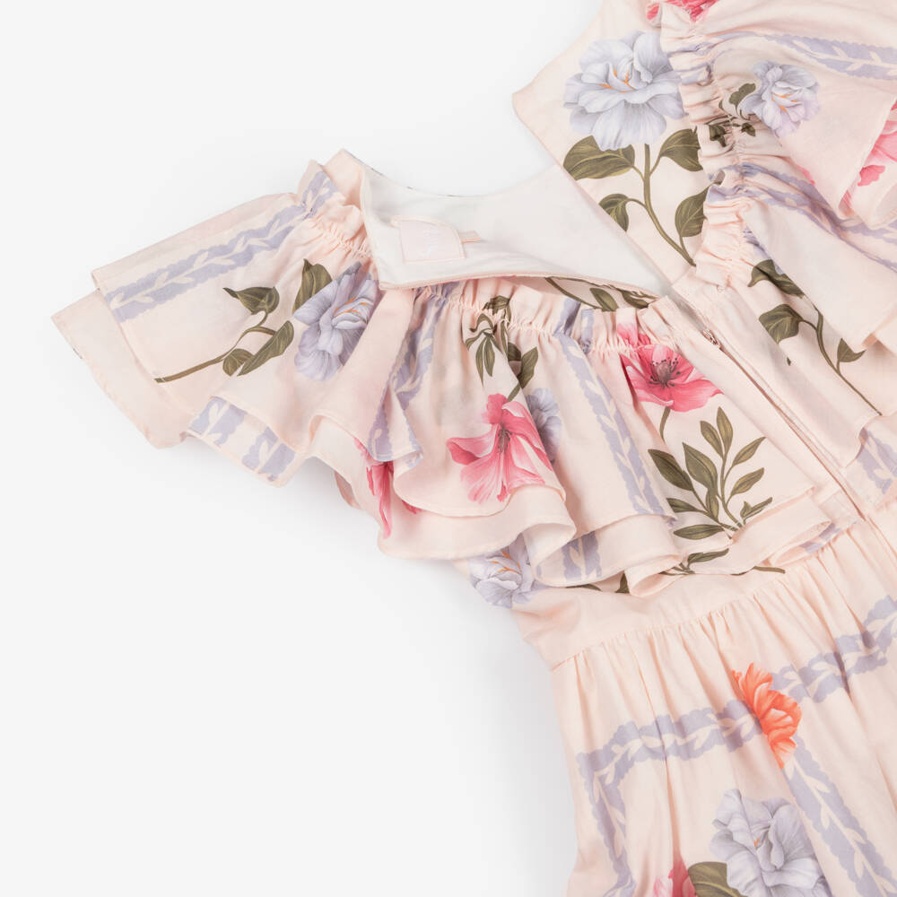 Petite Amalie-Girls Pink Floral Ruffled Cotton Dress | Childrensalon