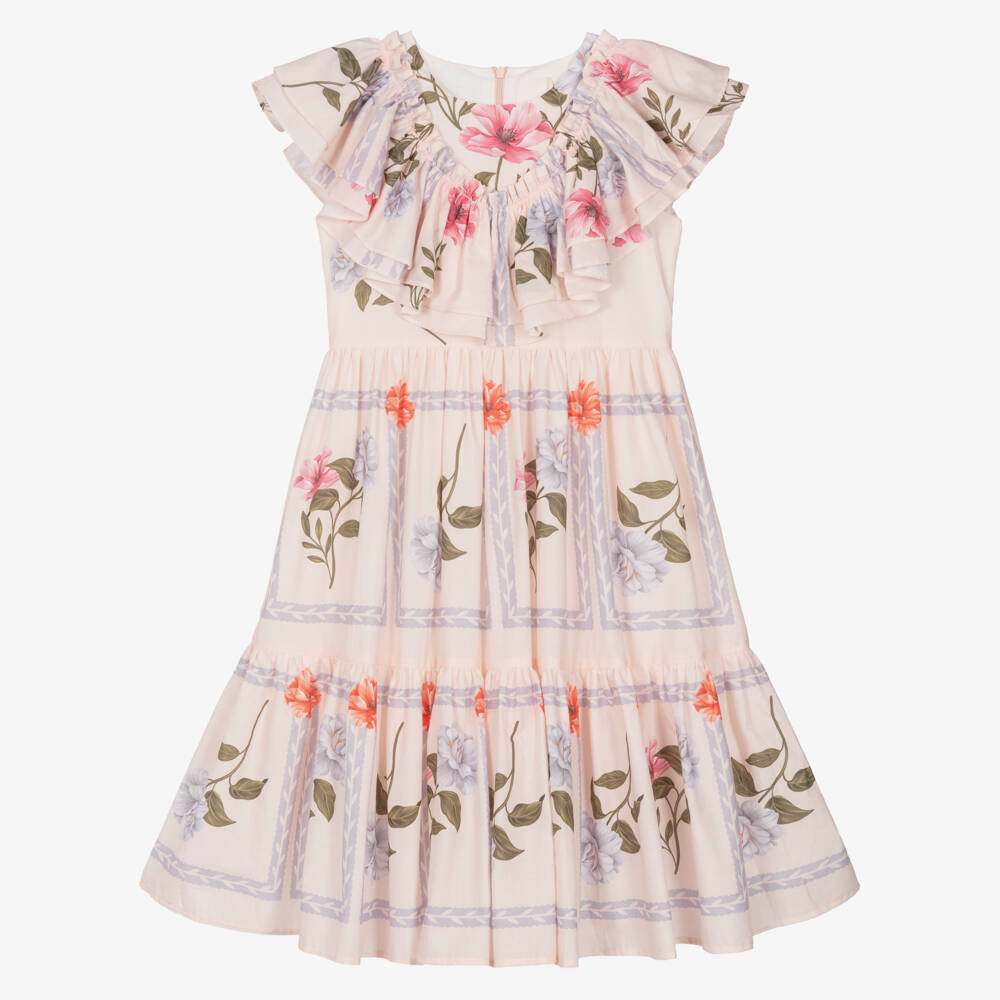 Petite Amalie-Girls Pink Floral Ruffled Cotton Dress | Childrensalon