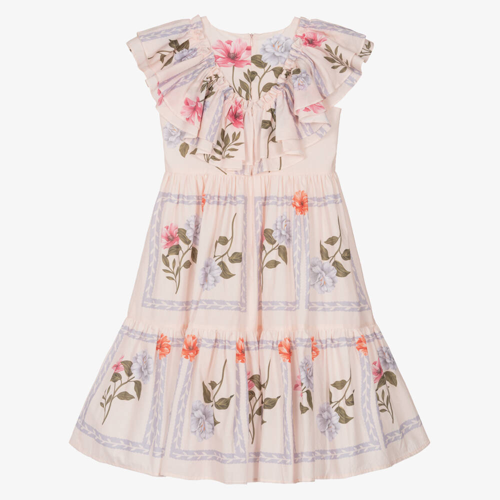 Petite Amalie-Girls Pink Floral Ruffled Cotton Dress | Childrensalon