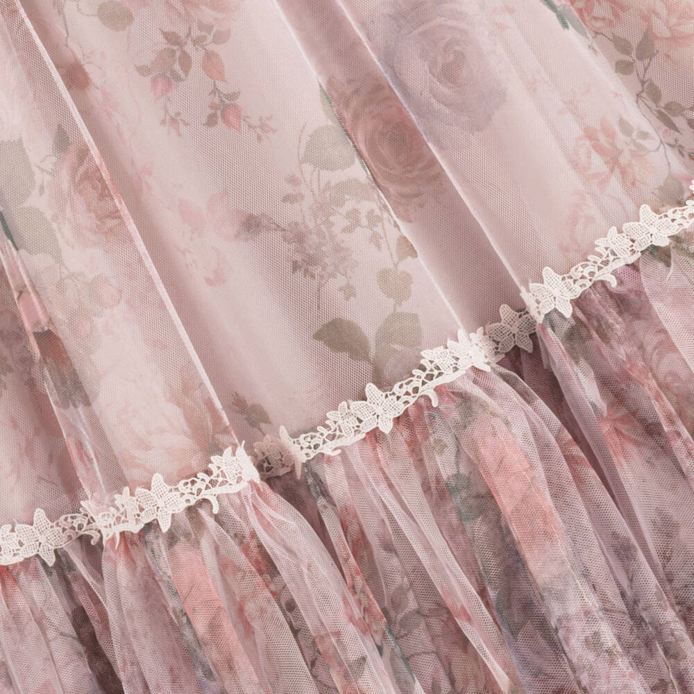 Petite Amalie-Girls Pink Floral Tulle Dress with Lace Trims | Childrensalon