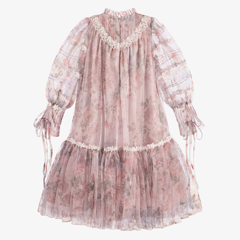 Petite Amalie-Girls Pink Floral Tulle Dress with Lace Trims | Childrensalon