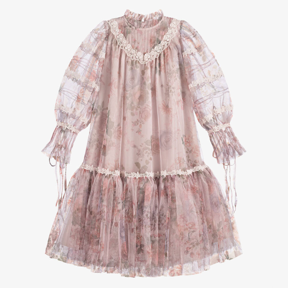 Petite Amalie-Girls Pink Floral Tulle Dress with Lace Trims | Childrensalon