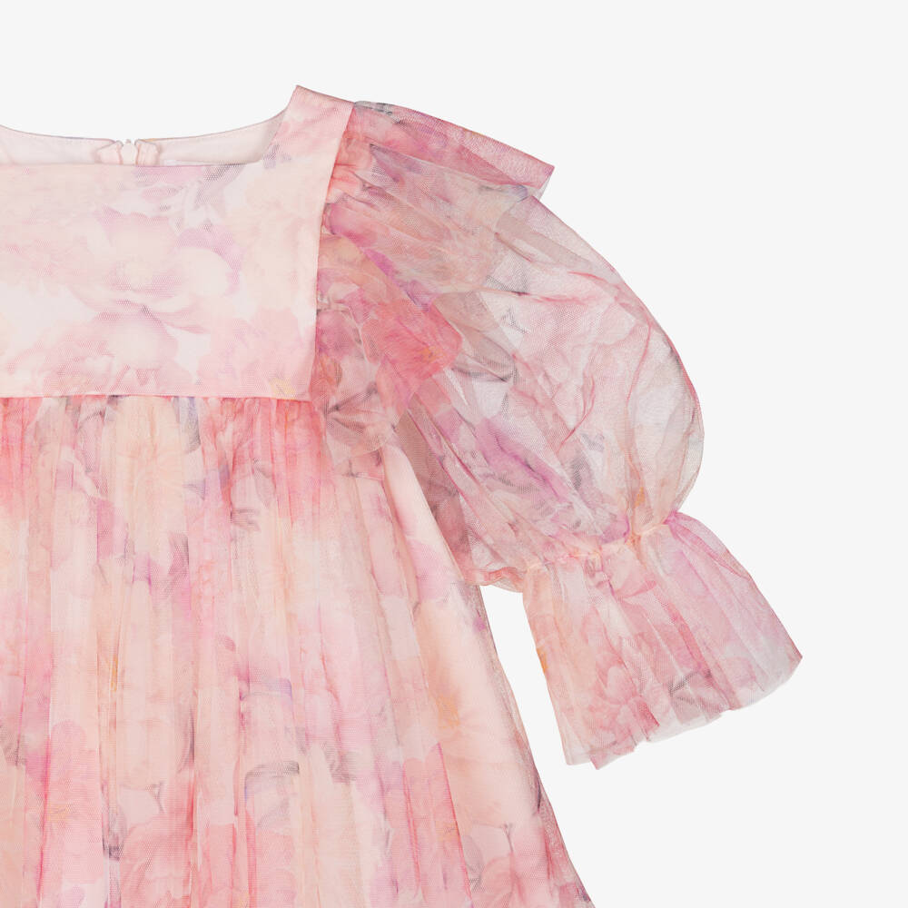 Petite Amalie-Girls Pink Floral Tulle Dress with Ruffle Trim | Childrensalon