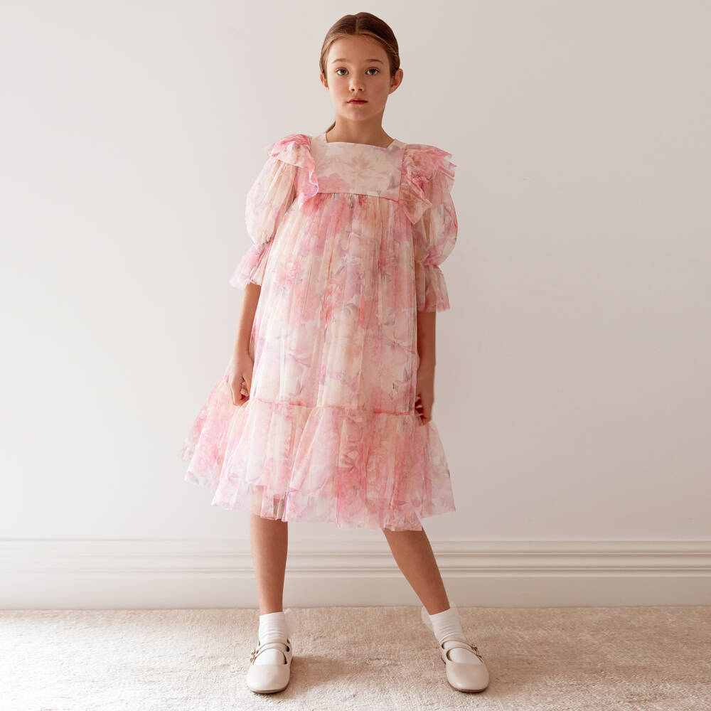 Petite Amalie-Girls Pink Floral Tulle Dress with Ruffle Trim | Childrensalon