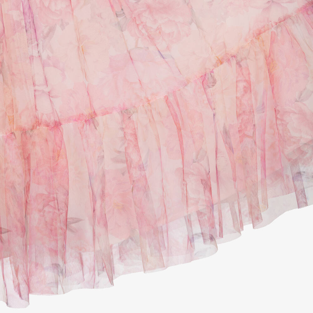 Petite Amalie-Girls Pink Floral Tulle Dress with Ruffle Trim | Childrensalon