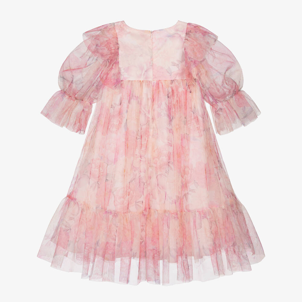 Petite Amalie-Girls Pink Floral Tulle Dress with Ruffle Trim | Childrensalon