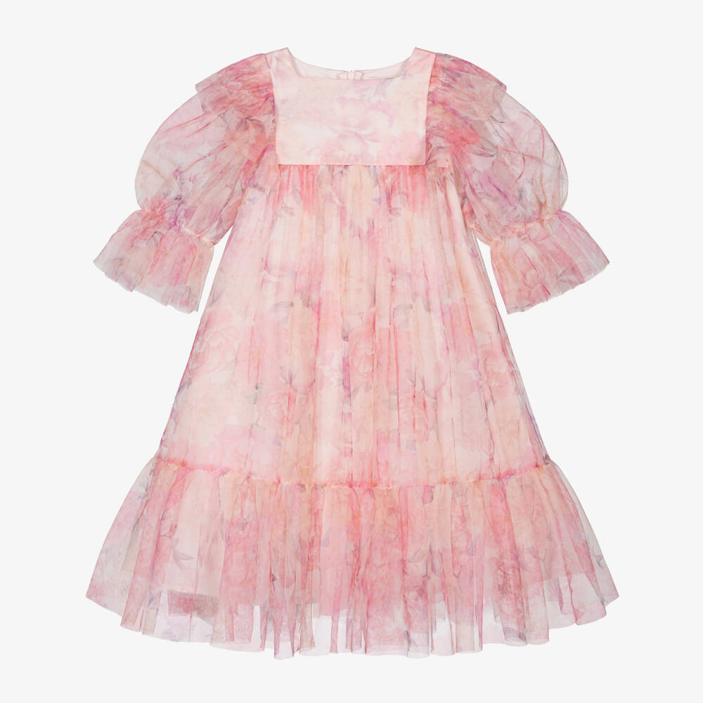 Petite Amalie-Girls Pink Floral Tulle Dress with Ruffle Trim | Childrensalon