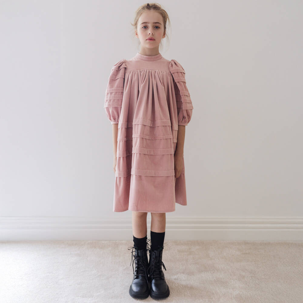 Petite Amalie-Girls Pink Needlecord Tiered Dress | Childrensalon