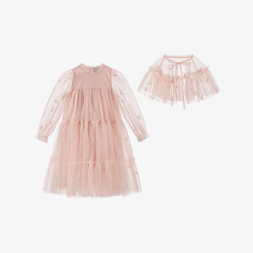 Petite Amalie-Girls Pink Ruffle Tulle Dress & Cape Set | Childrensalon