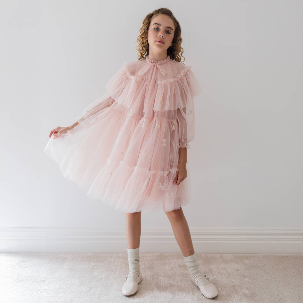 Petite Amalie-Girls Pink Ruffle Tulle Dress & Cape Set | Childrensalon