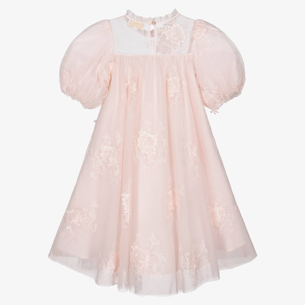 Petite Amalie-Girls Pink Tulle Dress with Floral Embroidery | Childrensalon