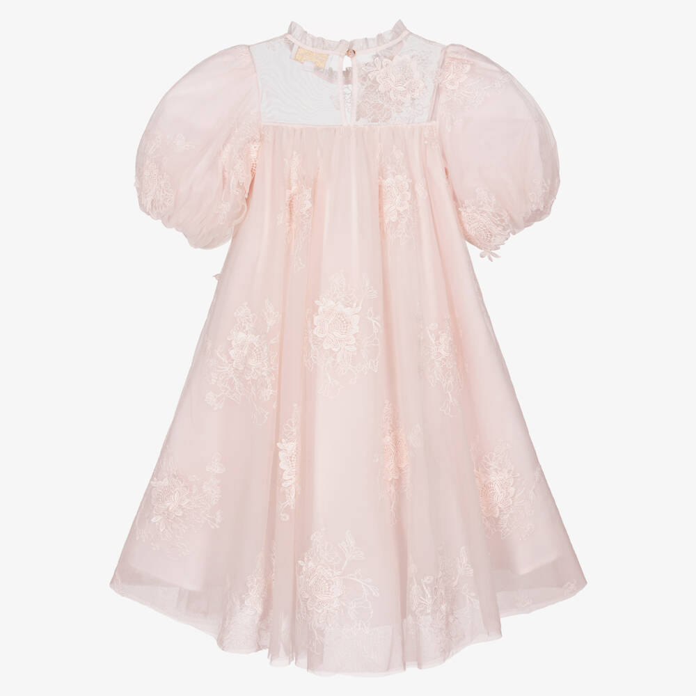 Petite Amalie-Girls Pink Tulle Dress with Floral Embroidery | Childrensalon