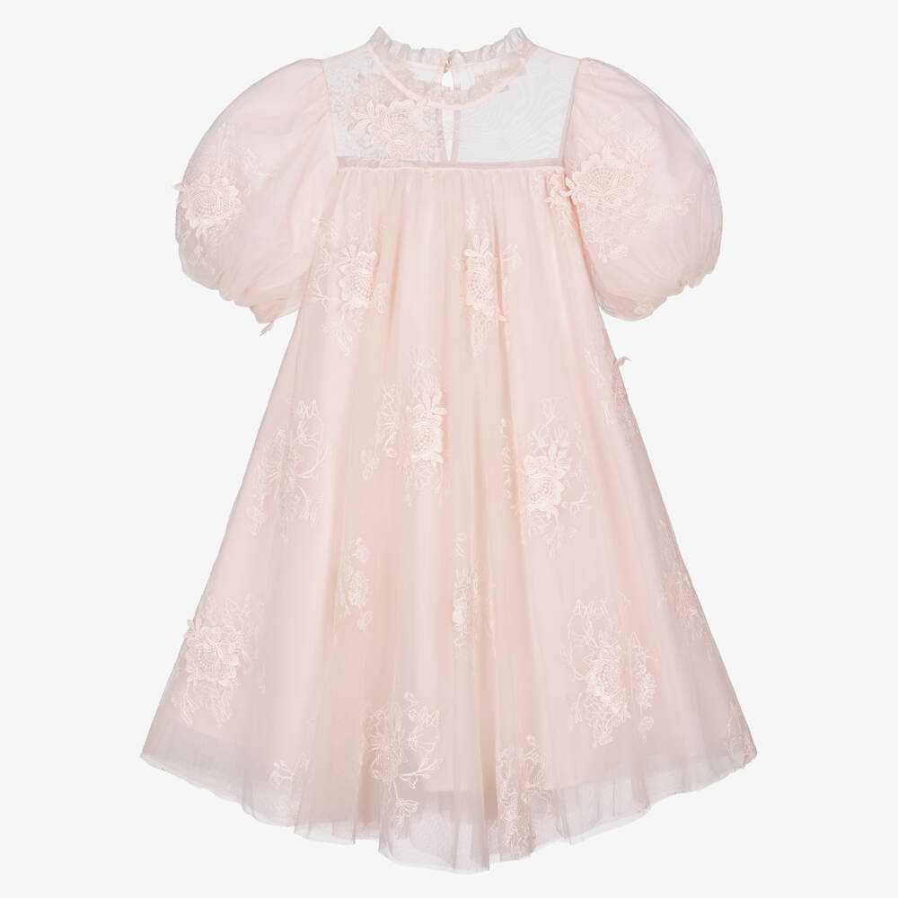 Petite Amalie-Girls Pink Tulle Dress with Floral Embroidery | Childrensalon