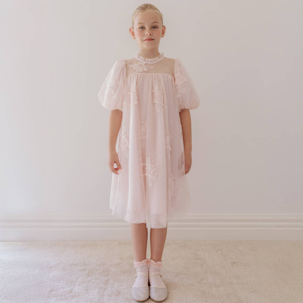 Petite Amalie-Girls Pink Tulle Dress with Floral Embroidery | Childrensalon