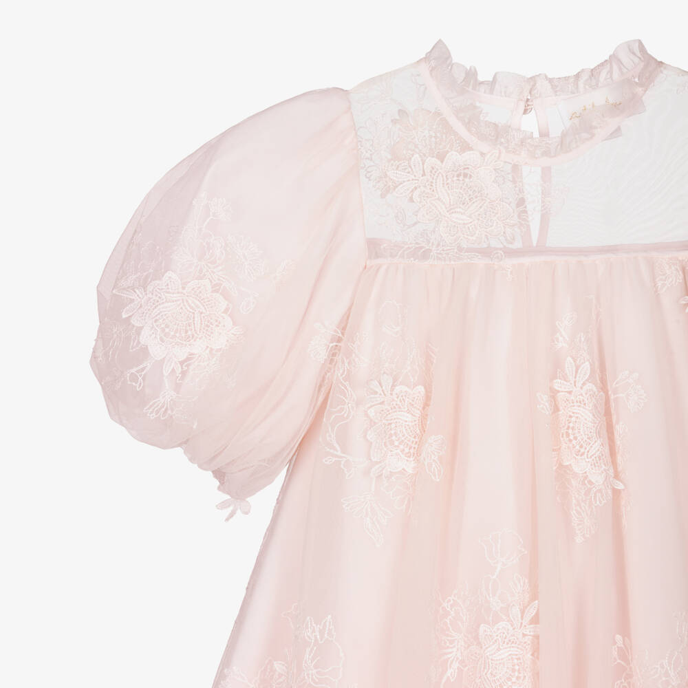 Petite Amalie-Girls Pink Tulle Dress with Floral Embroidery | Childrensalon