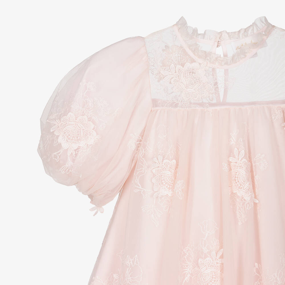 Petite Amalie-Girls Pink Tulle Dress with Floral Embroidery | Childrensalon