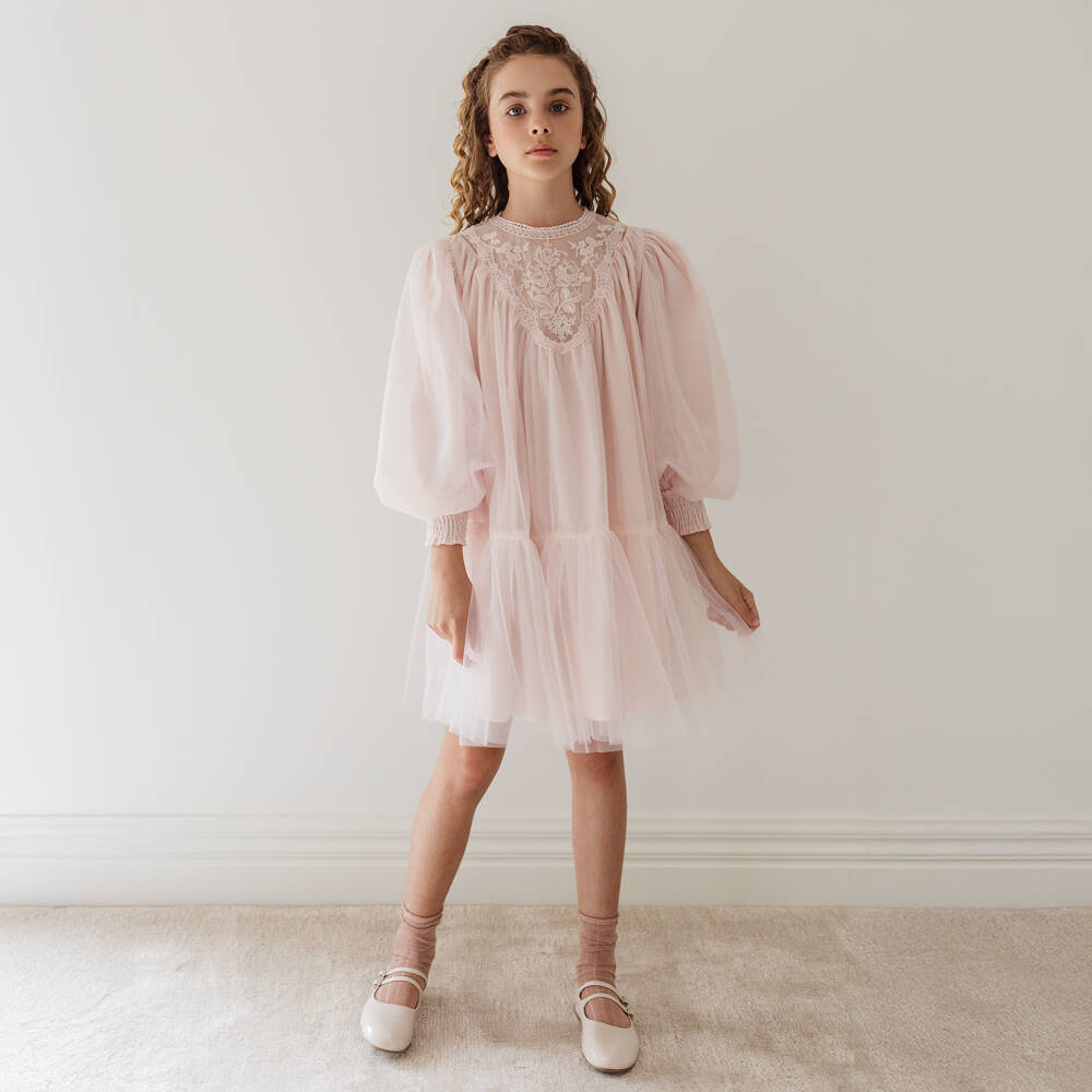 Petite Amalie-Girls Pink Tulle & Embroidered Lace Dress | Childrensalon