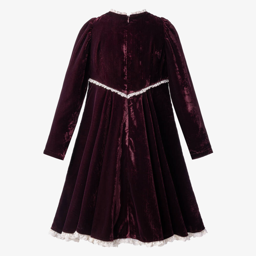 Petite Amalie-Girls Plum Velvet Dress with Lace Trims | Childrensalon