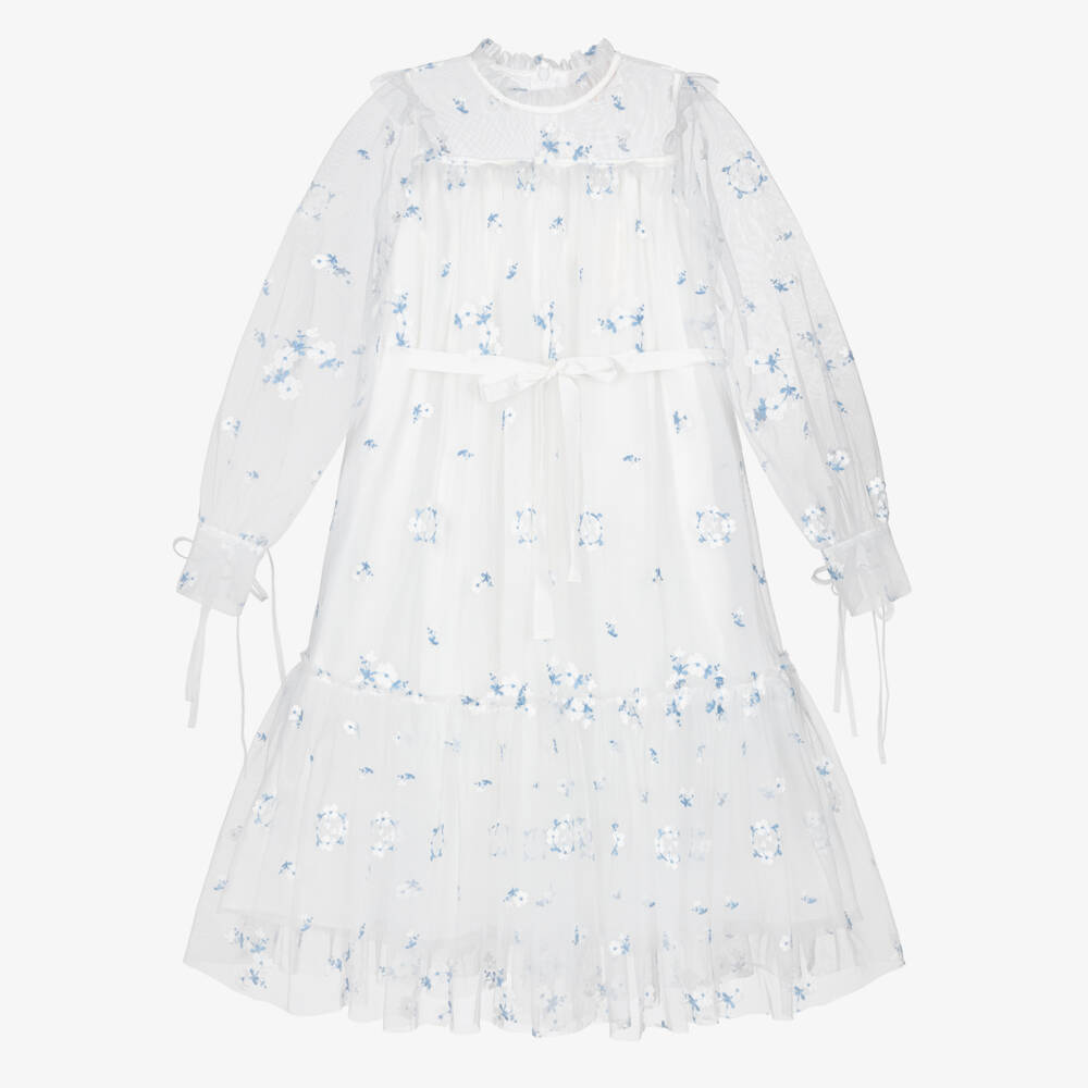 Petite Amalie-Girls White & Blue Embroidered Floral Tulle Dress | Childrensalon