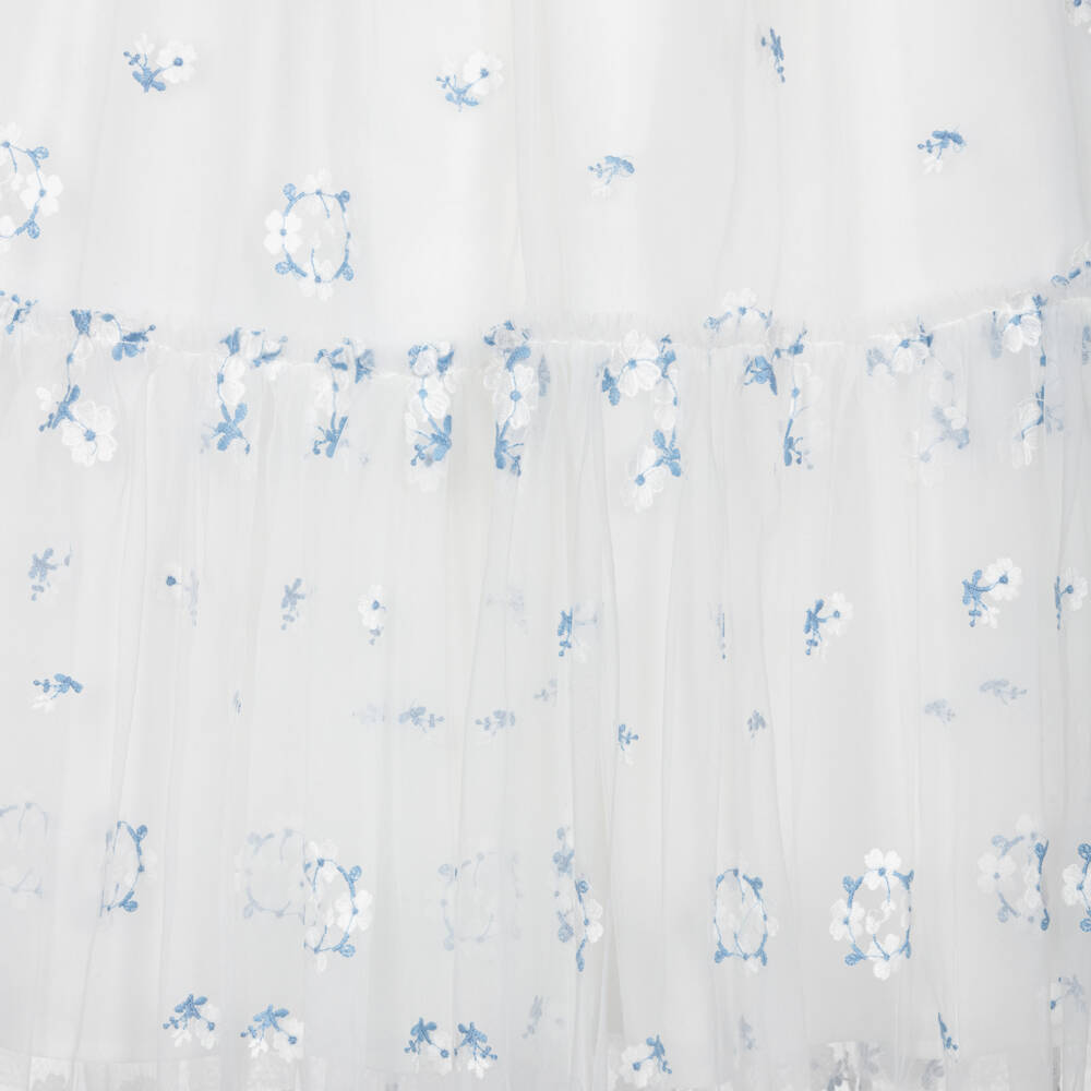 Petite Amalie-Girls White & Blue Embroidered Floral Tulle Dress | Childrensalon
