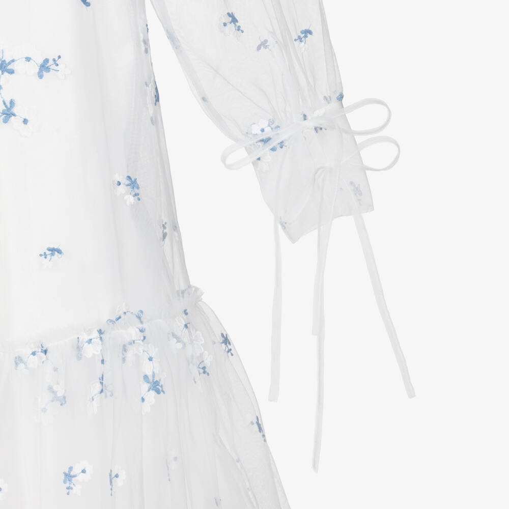 Petite Amalie-Girls White & Blue Embroidered Floral Tulle Dress | Childrensalon