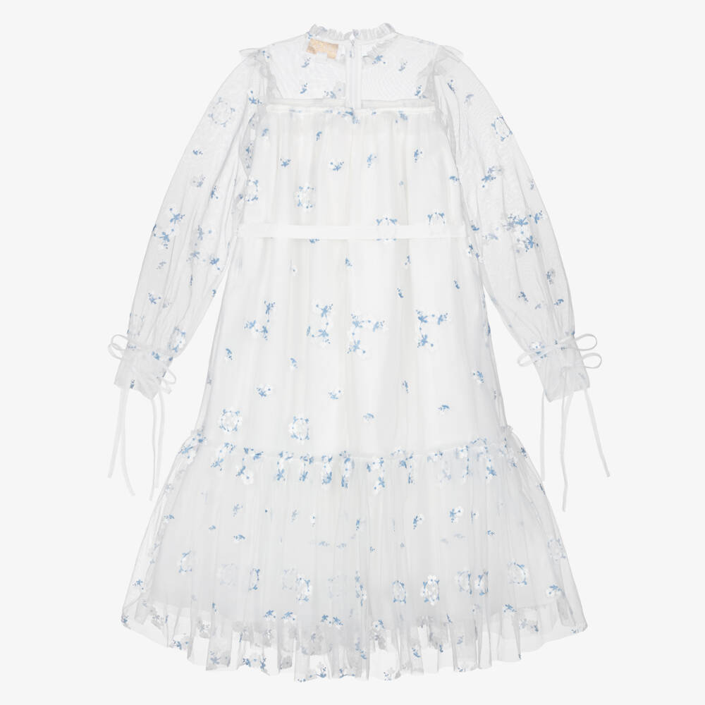 Petite Amalie-Girls White & Blue Embroidered Floral Tulle Dress | Childrensalon