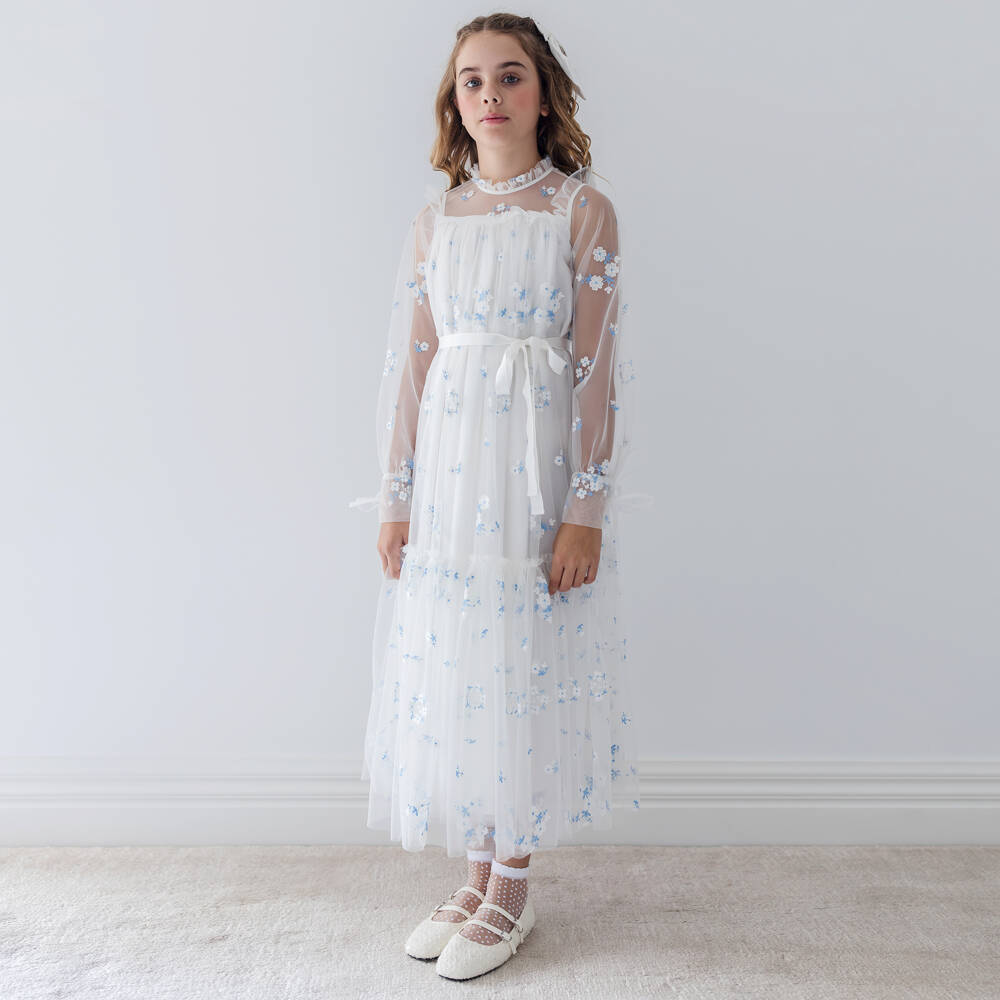 Petite Amalie-Платье белое из тюля с синими вышитыми цветами для девочек | Childrensalon