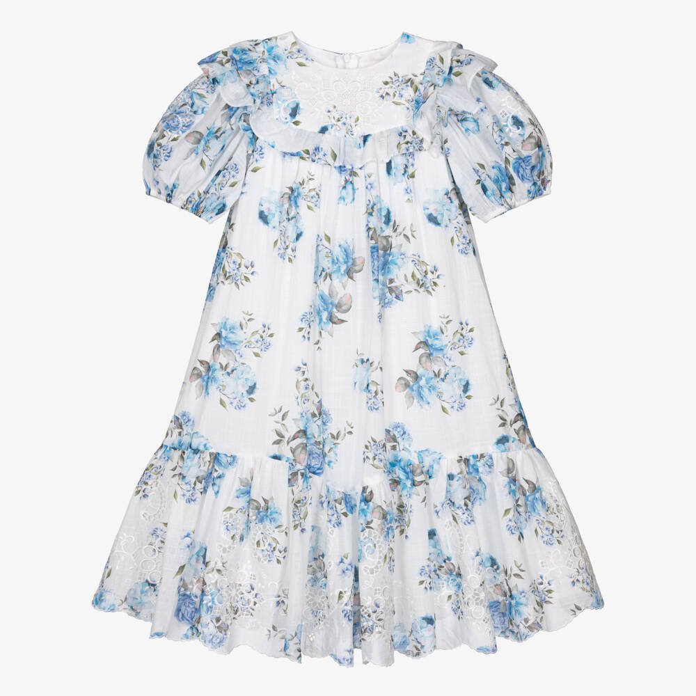 Petite Amalie-Girls White & Blue Floral Print Cotton Dress | Childrensalon