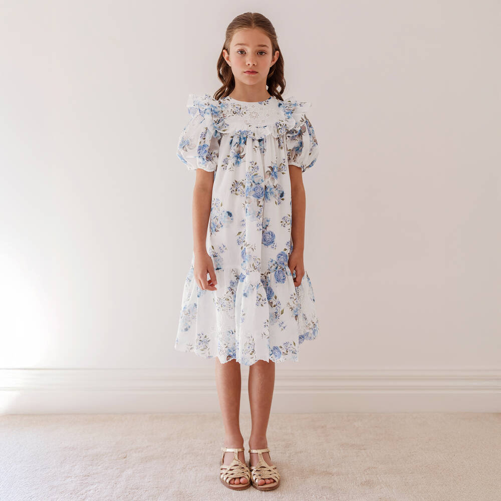 Petite Amalie-فستان بنات بطبعة ورود قطن لون أبيض وأزرق | Childrensalon