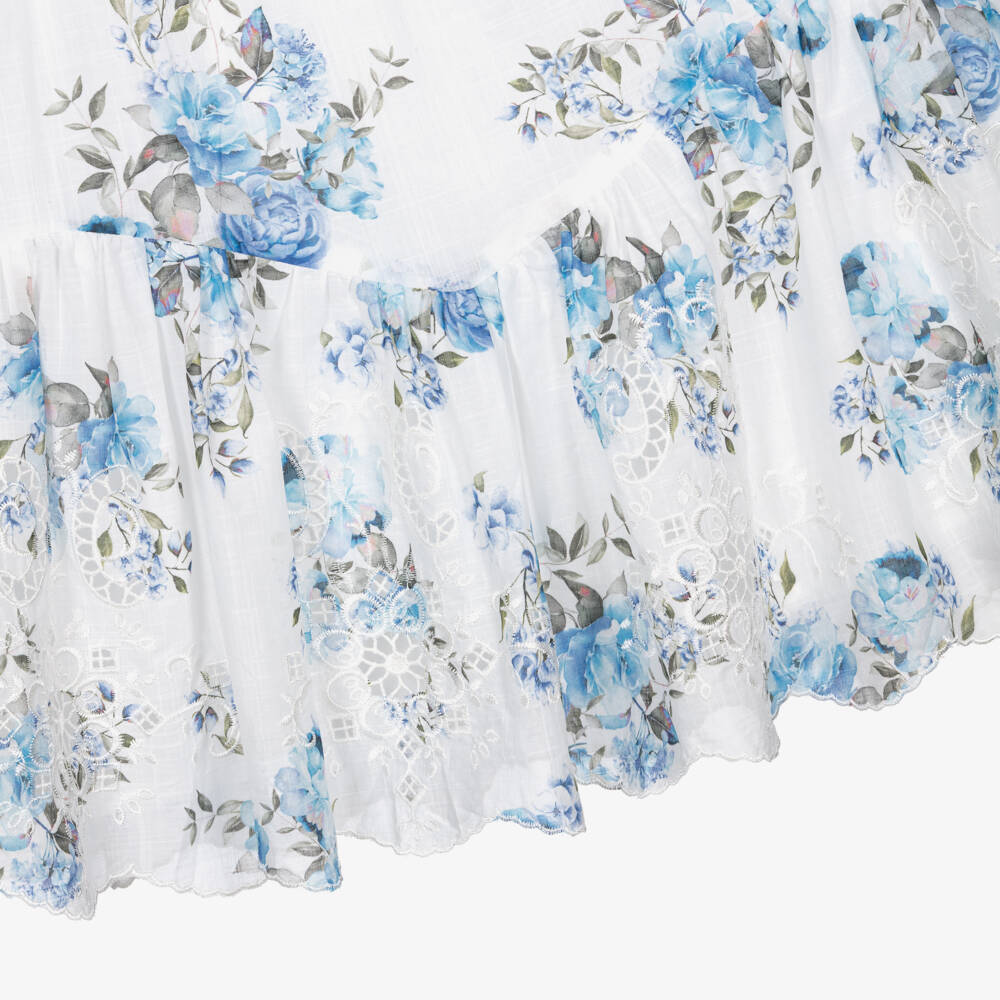 Petite Amalie-Girls White & Blue Floral Print Cotton Dress | Childrensalon