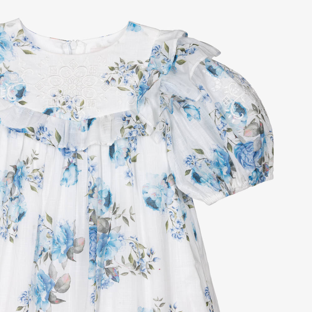 Petite Amalie-Girls White & Blue Floral Print Cotton Dress | Childrensalon