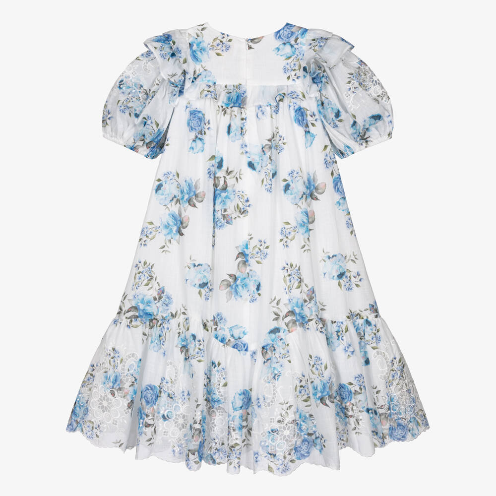 Petite Amalie-Girls White & Blue Floral Print Cotton Dress | Childrensalon
