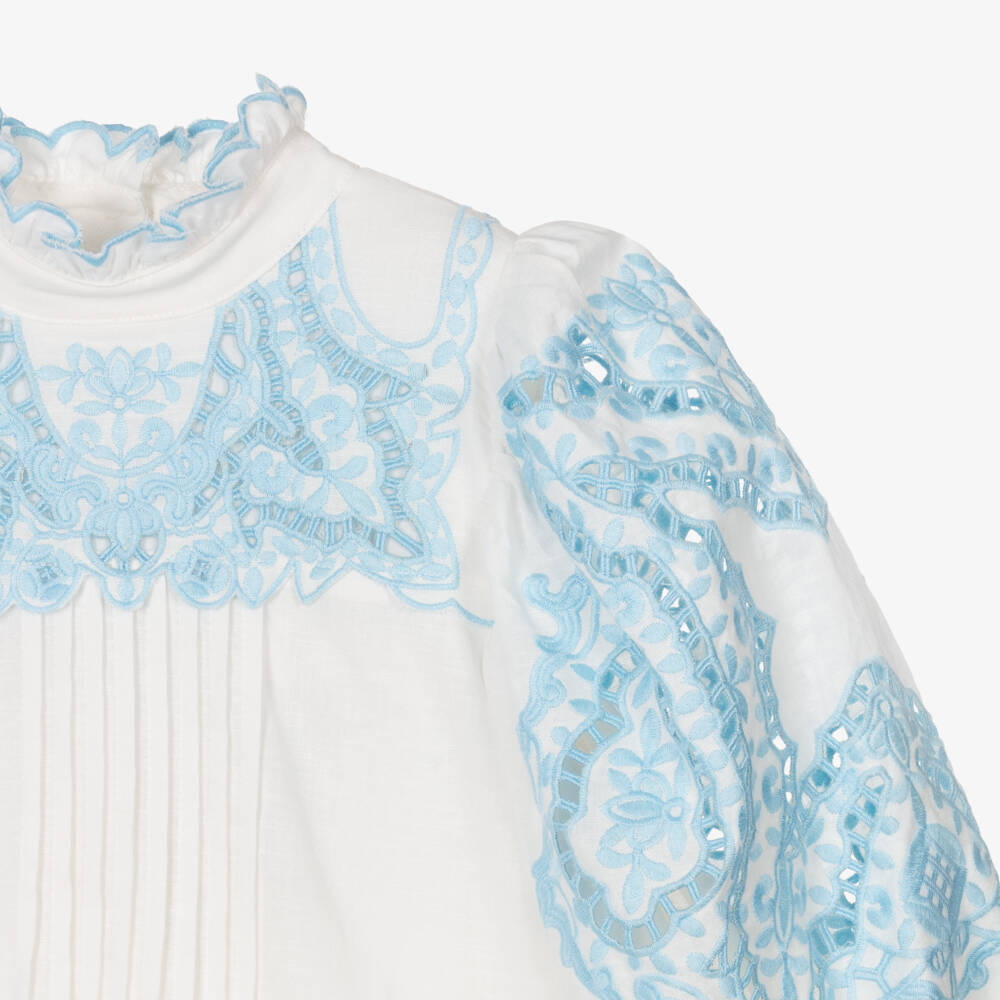 Petite Amalie-Girls White Embroidered Cotton & Linen Dress | Childrensalon