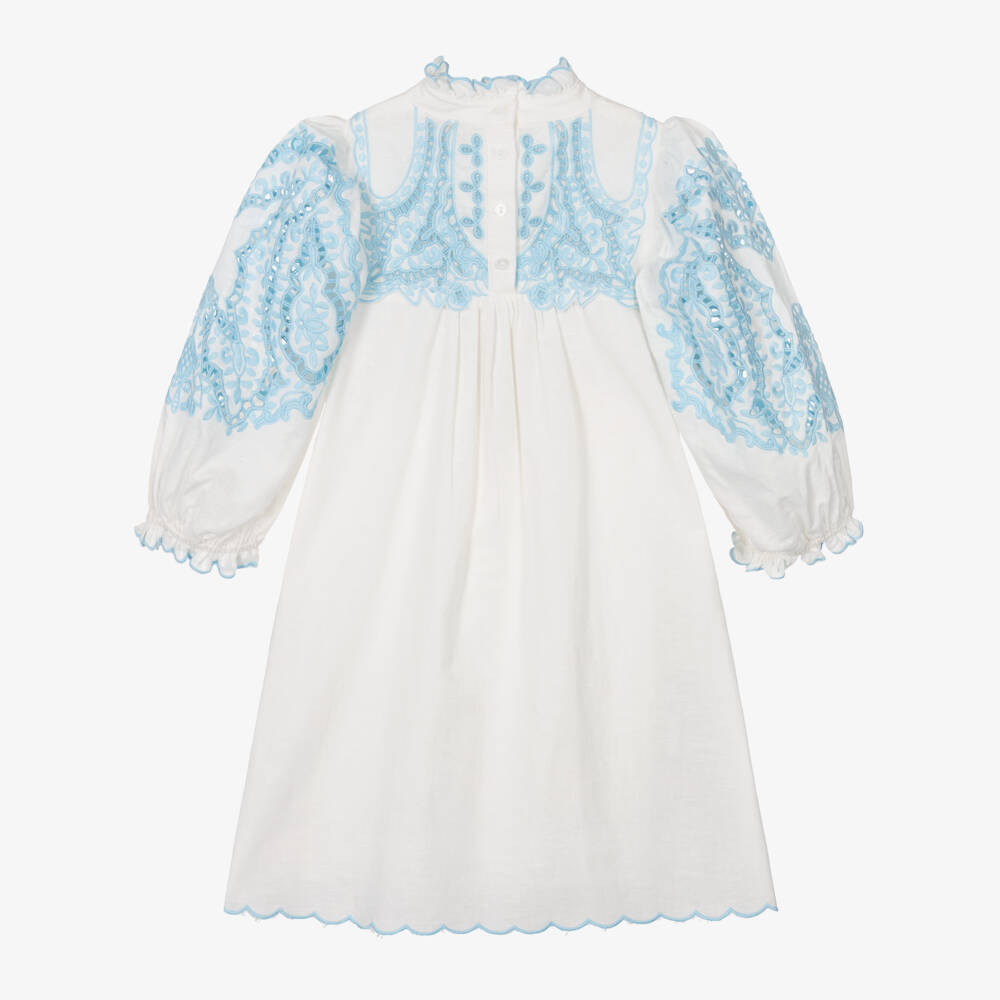 Petite Amalie-Girls White Embroidered Cotton & Linen Dress | Childrensalon
