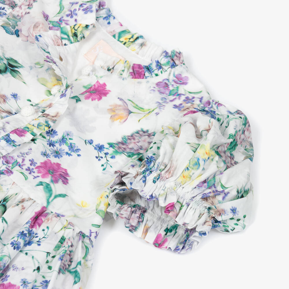 Petite Amalie-Girls White Floral Print Cotton Dress  | Childrensalon