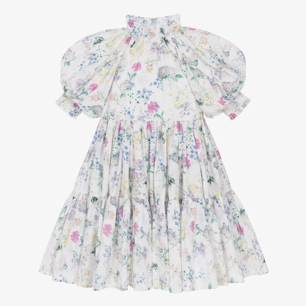 Petite Amalie-Girls White Floral Print Cotton Dress  | Childrensalon