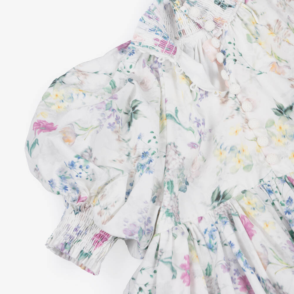 Petite Amalie-Girls White Floral Print Cotton Dress  | Childrensalon