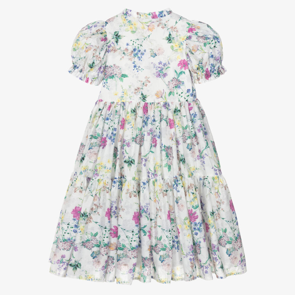 Petite Amalie-Girls White Floral Print Cotton Dress  | Childrensalon