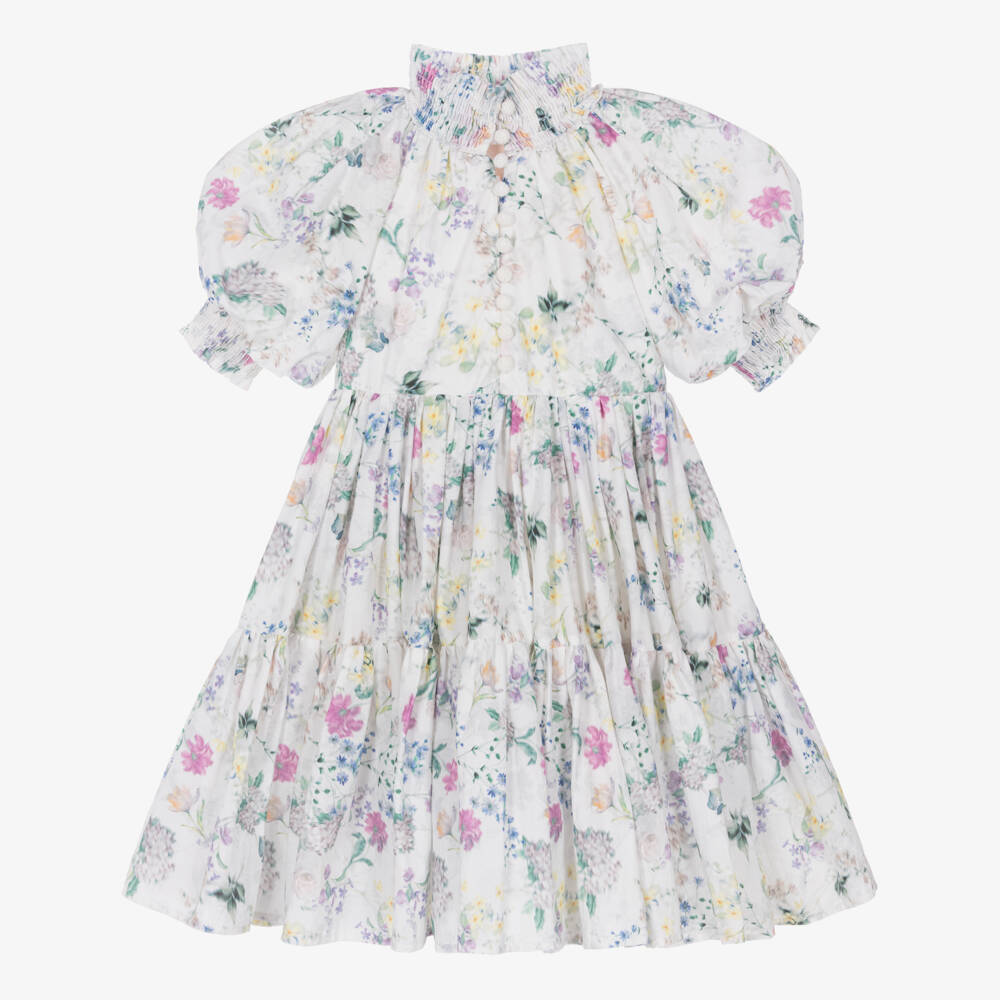 Petite Amalie-Girls White Floral Print Cotton Dress | Childrensalon